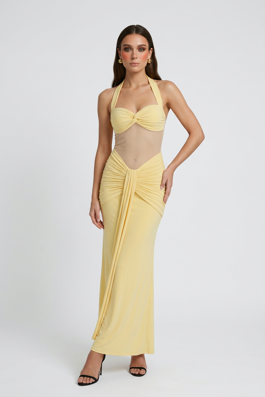 Sophia yellow halter dress with ruched detail from Lumina Wear, featuring elegant design and sleeveless style.