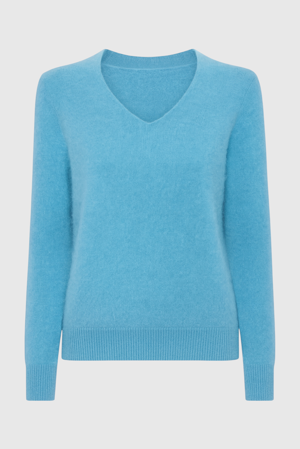 Light blue V-neck women's sweater with fitted silhouette by Lumina Wear, featuring a flattering design and soft knit fabric.