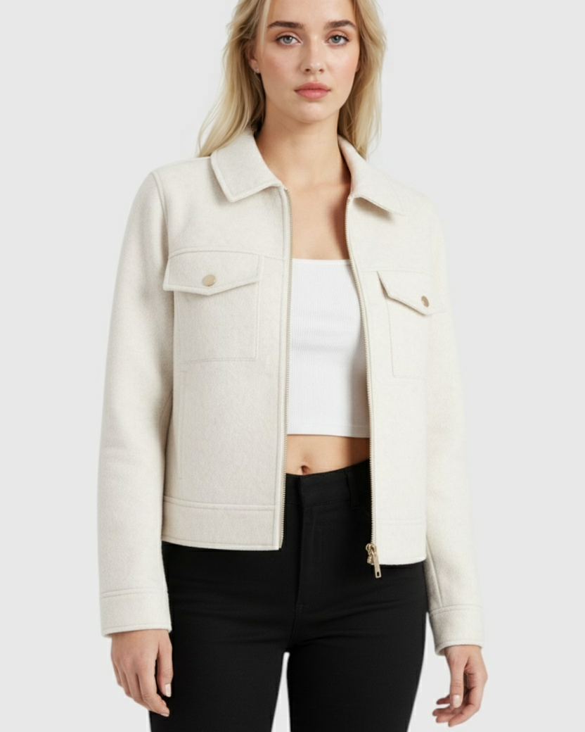 White Sophia Lumina Wear cropped zip-up jacket with functional pockets, stylish women’s outerwear, modern design.