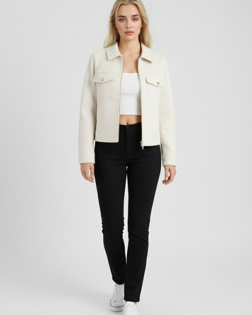 Sophia Lumina Wear modern cropped zip-up jacket with functional pockets, white women’s outerwear, stylish and casual.