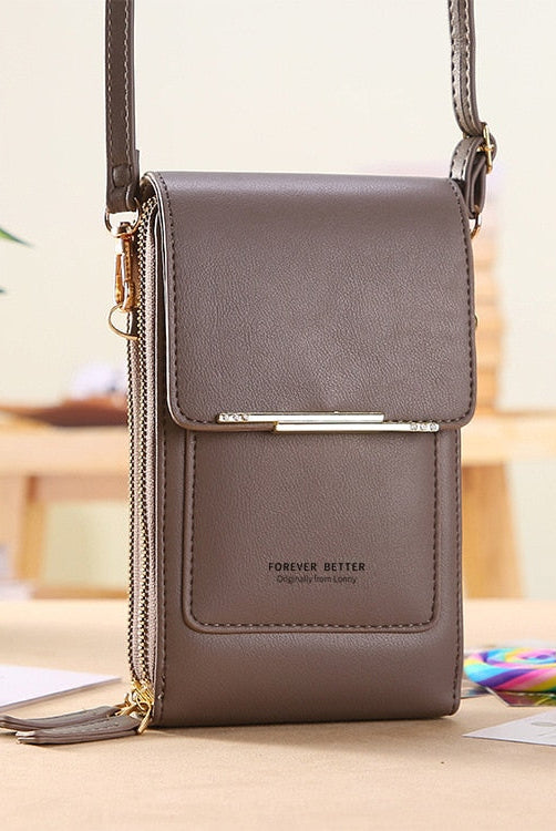 Sophia modern vegan leather shoulder bag with touch features in mocha by Lumina Wear, showcasing stylish handbag design.