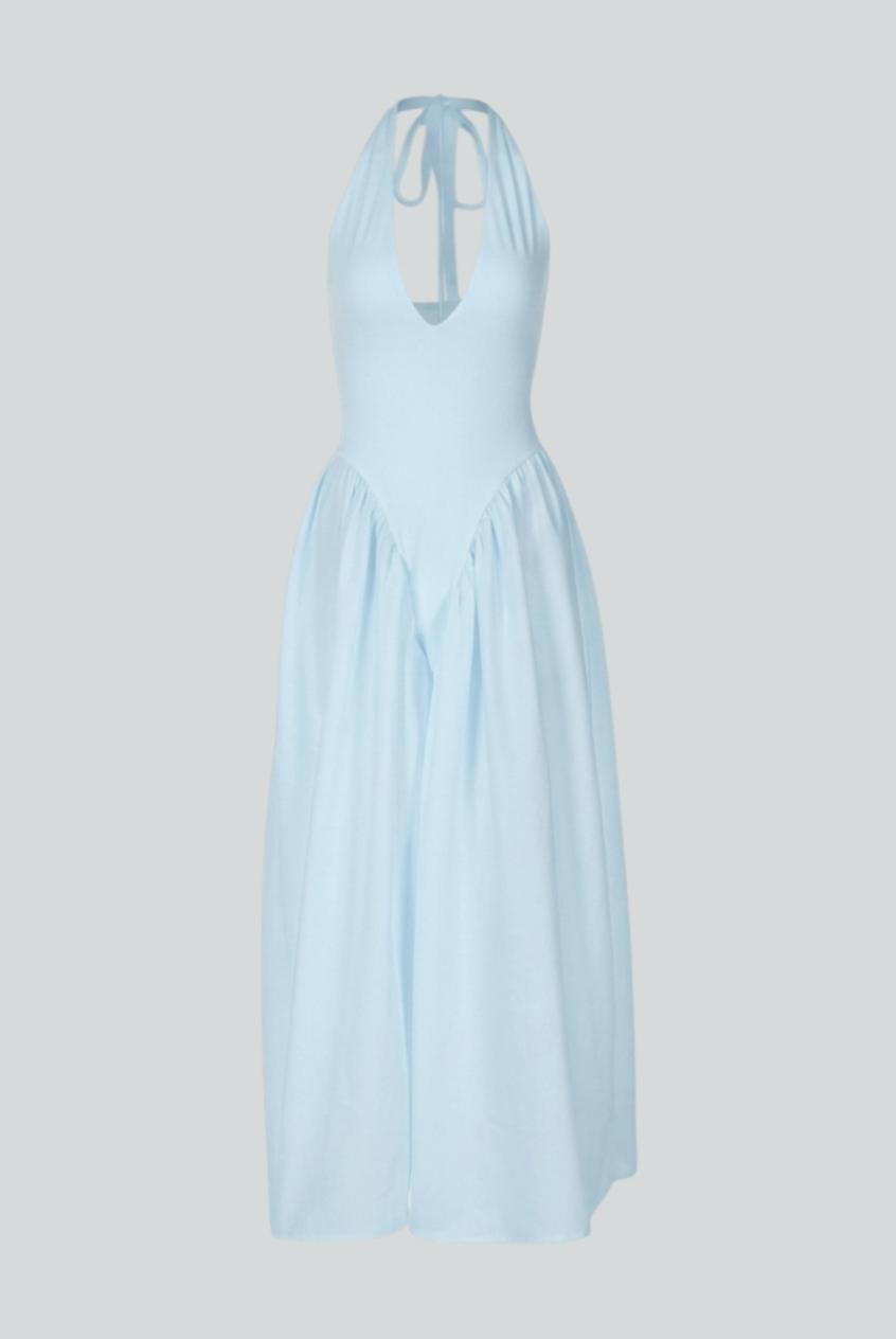 Light blue Sophia midi dress by Lumina Wear, featuring an elegant fit and soft fabric, perfect for stylish occasions.