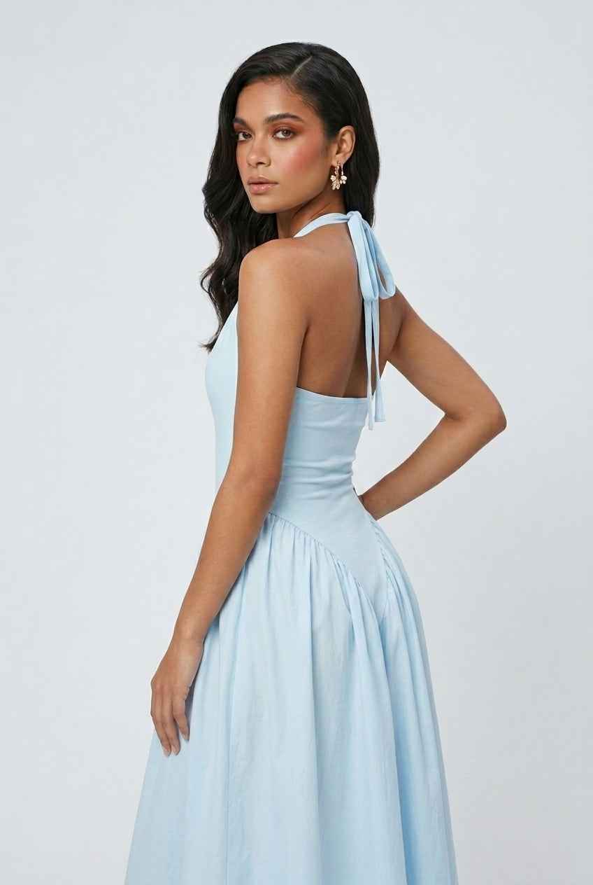 Light blue Sophia midi dress by Lumina Wear featuring an elegant fit and soft fabric, perfect for stylish occasions.