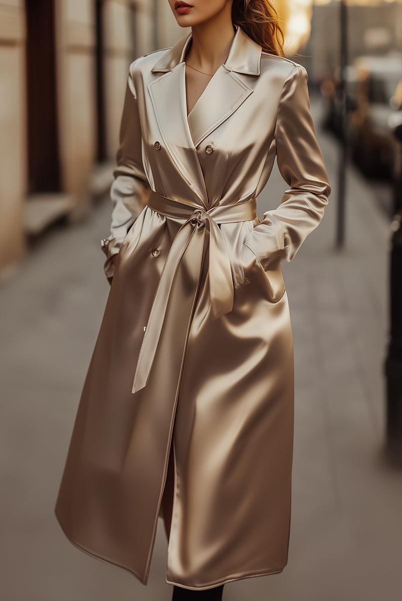 Sophia trench coat in refined champagne satin by Lumina Vancouver, shown in a stylish, elegant coat with a smooth satin finish.