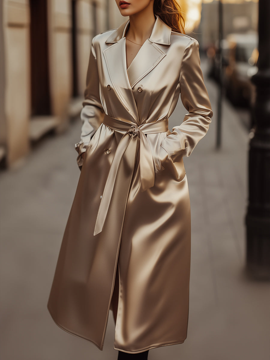 Sophia trench coat in refined champagne satin by Lumina Vancouver, shown in a stylish, elegant coat with a smooth satin finish.