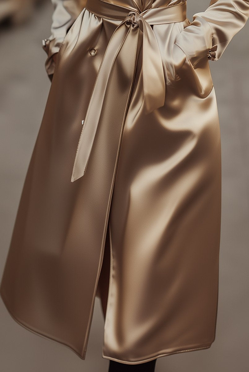 Sophia trench coat in refined champagne satin by Lumina Vancouver, stylish and elegant coat with a smooth satin finish.