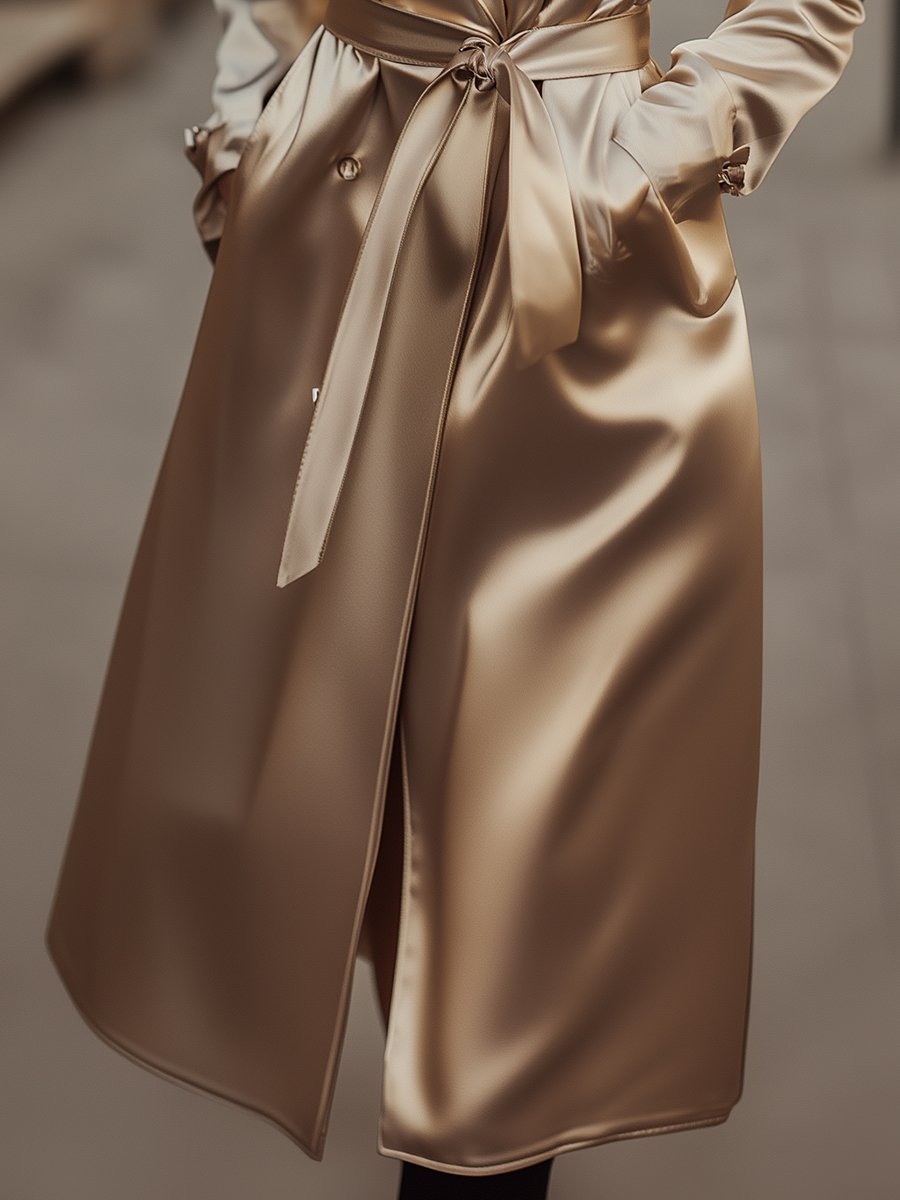 Sophia trench coat in refined champagne satin by Lumina Vancouver, stylish and elegant coat with a smooth satin finish.