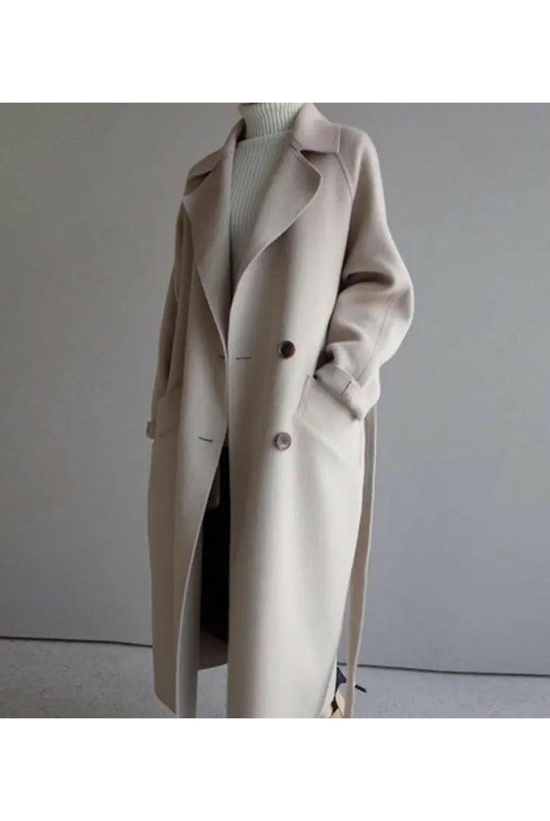 Beige Sophie long coat for women from Lumina Vancouver, elegant and stylish with a tailored fit and classic design.