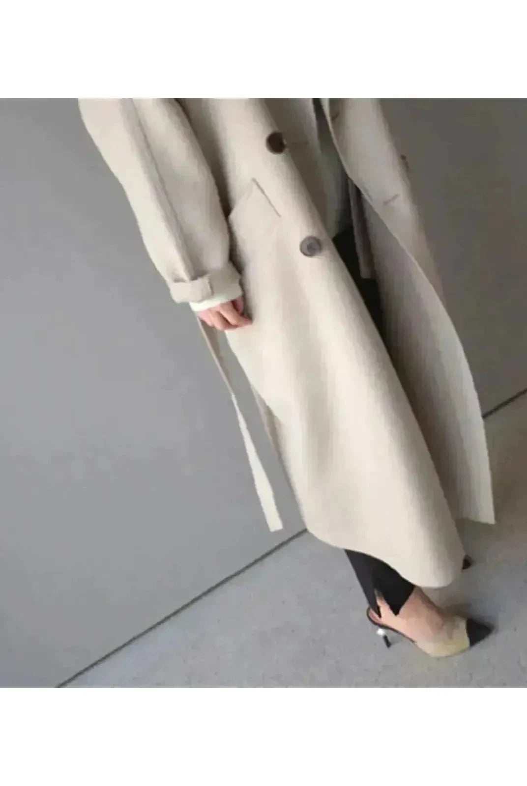 Beige Sophie long coat for women by Lumina Vancouver, stylish and elegant outerwear with a tailored fit.