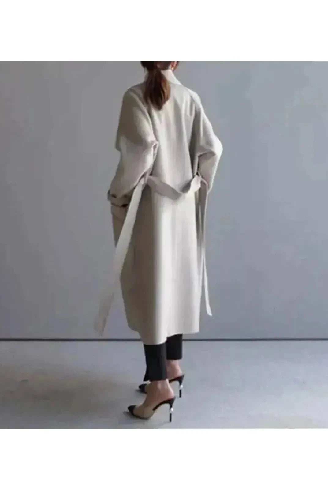 Beige Sophie long coat for women by Lumina Vancouver, featuring a stylish and elegant design perfect for winter wear.