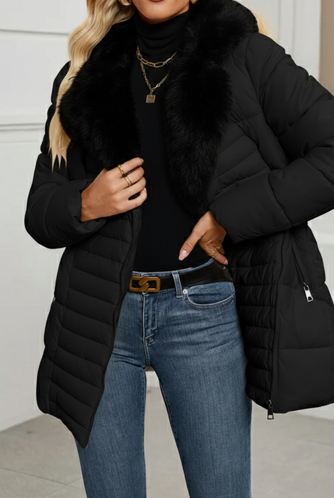 Black Sophie Lumina longline puffer coat with faux-fur collar, women's winter coat with sleek design and cozy insulation.