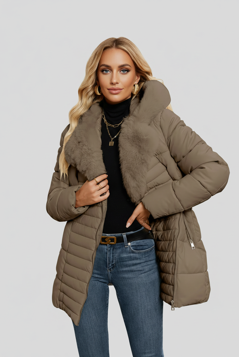 Black women's longline puffer coat with faux-fur collar by Lumina Wear, featuring a sleek design and cozy winter style.