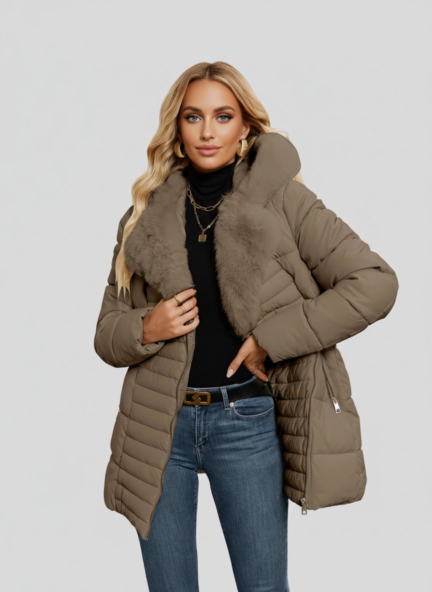 Black women's longline puffer coat with faux-fur collar by Lumina Wear, featuring a sleek design and cozy winter style.