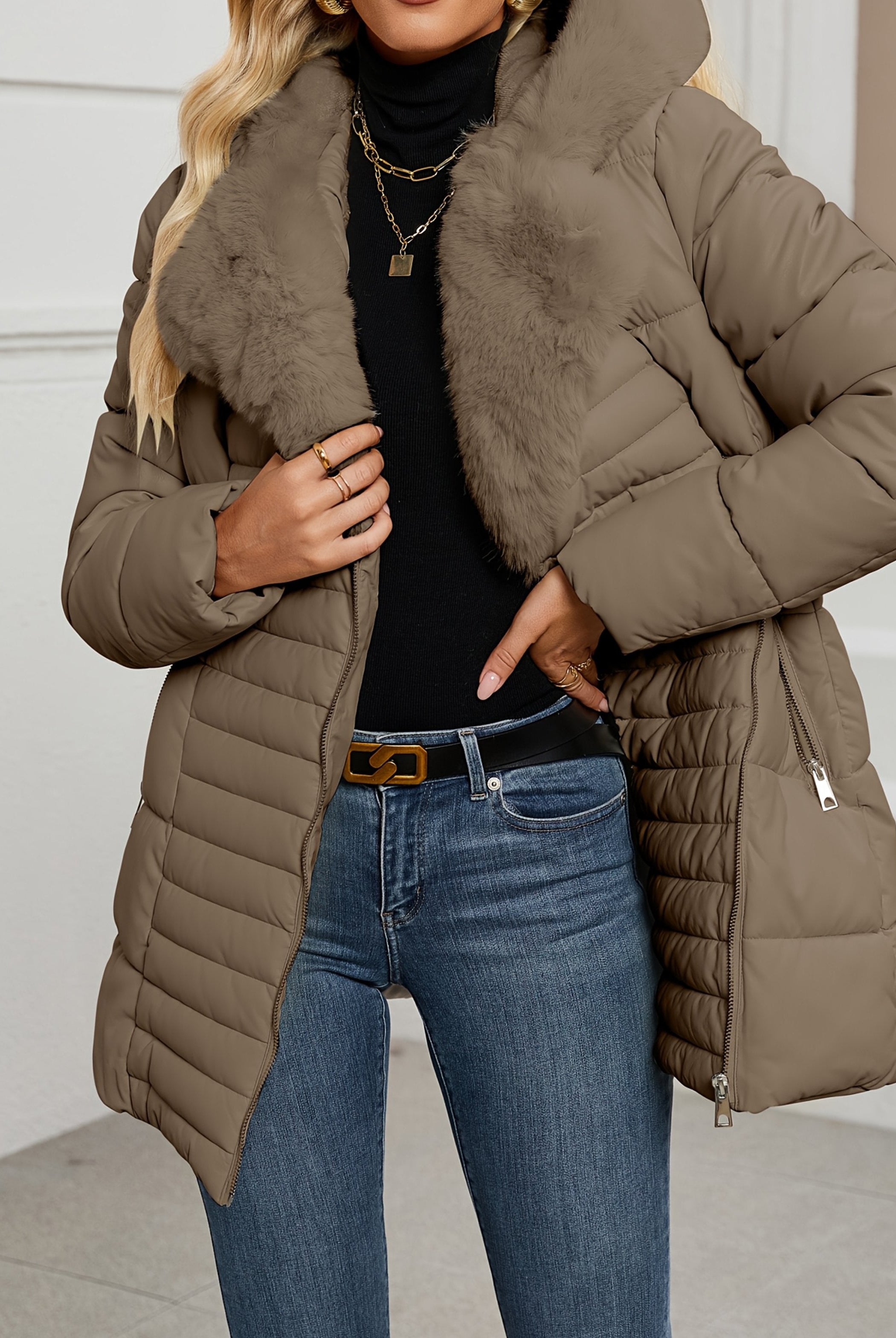 Black Lumina Wear Sophie longline puffer coat with faux-fur collar, women's winter coat, sleek and stylish outerwear.