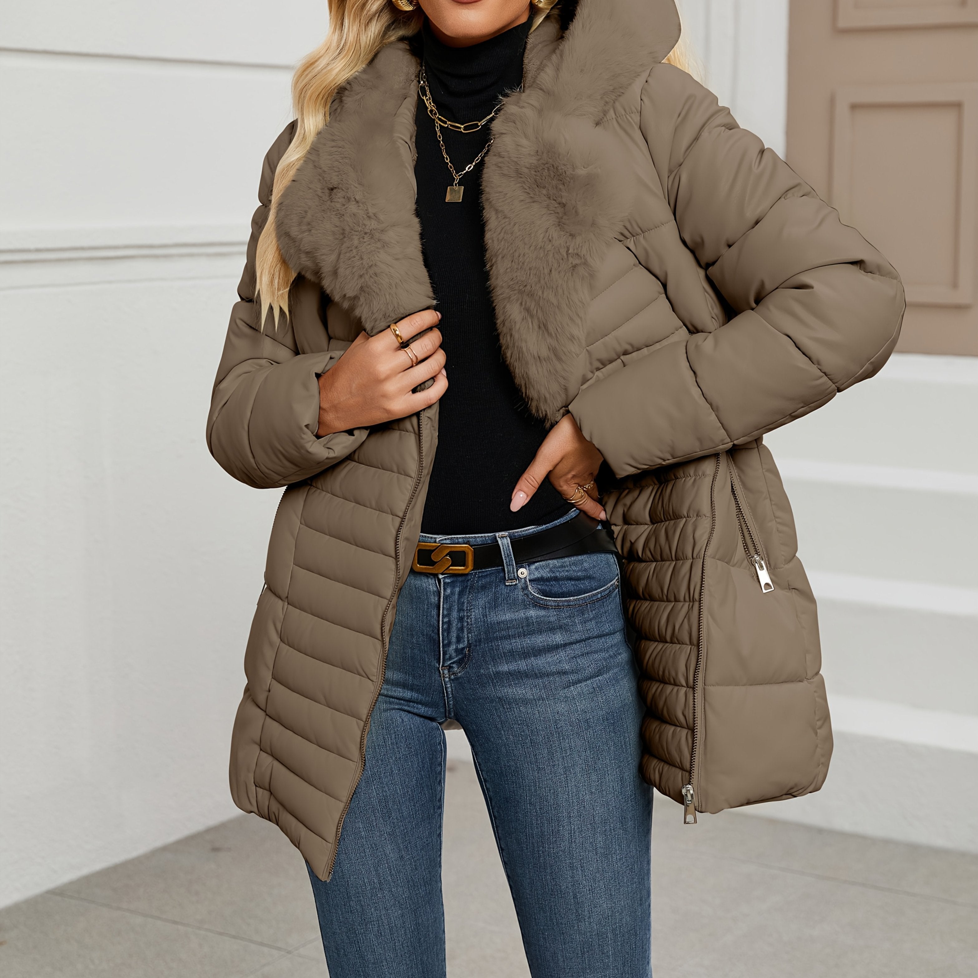 Black Lumina Wear Sophie longline puffer coat with faux-fur collar, women's winter coat, sleek and stylish outerwear.