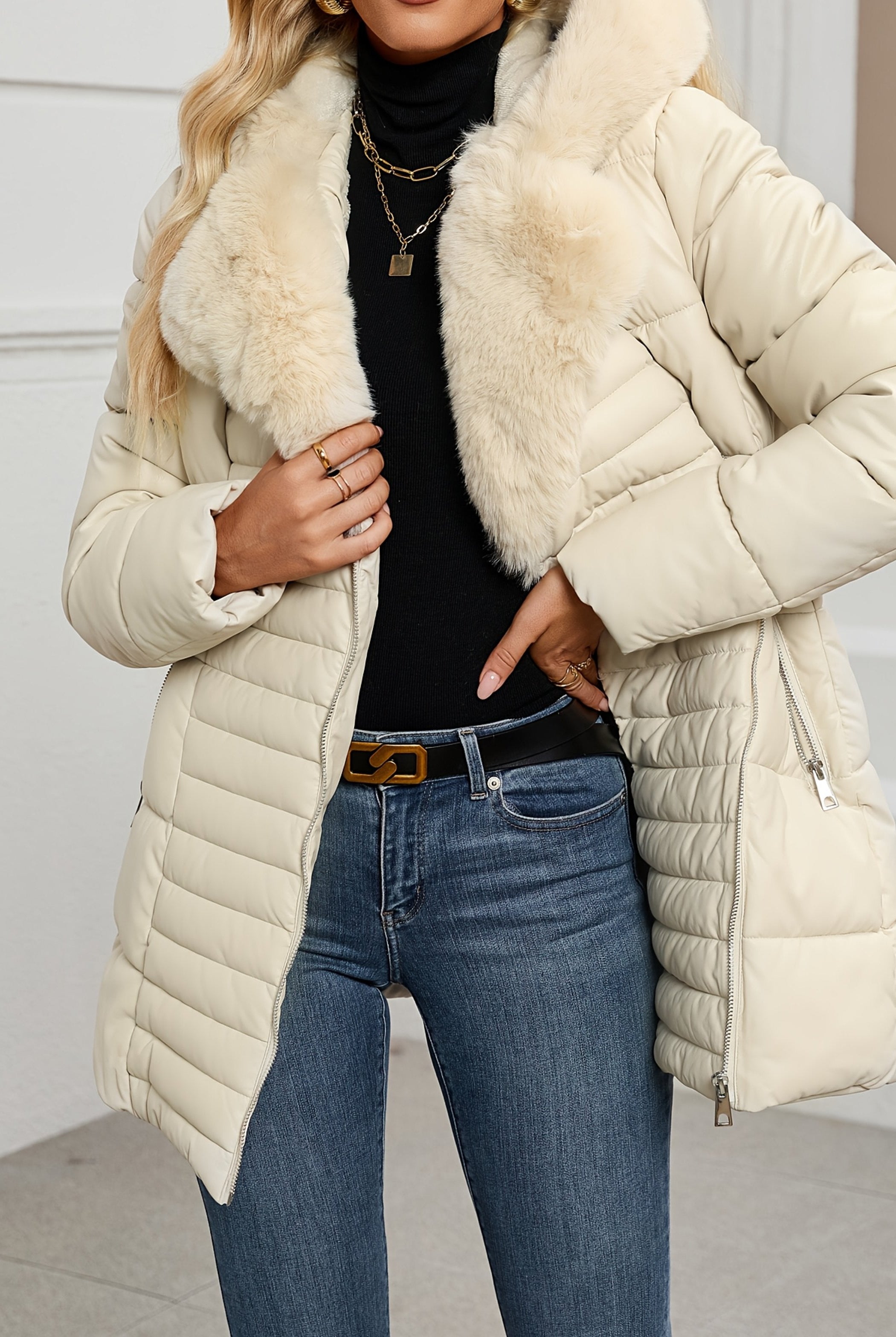 Black Sophie Lumina Wear longline puffer coat with faux-fur collar, women’s winter jacket, slim fit and stylish design.