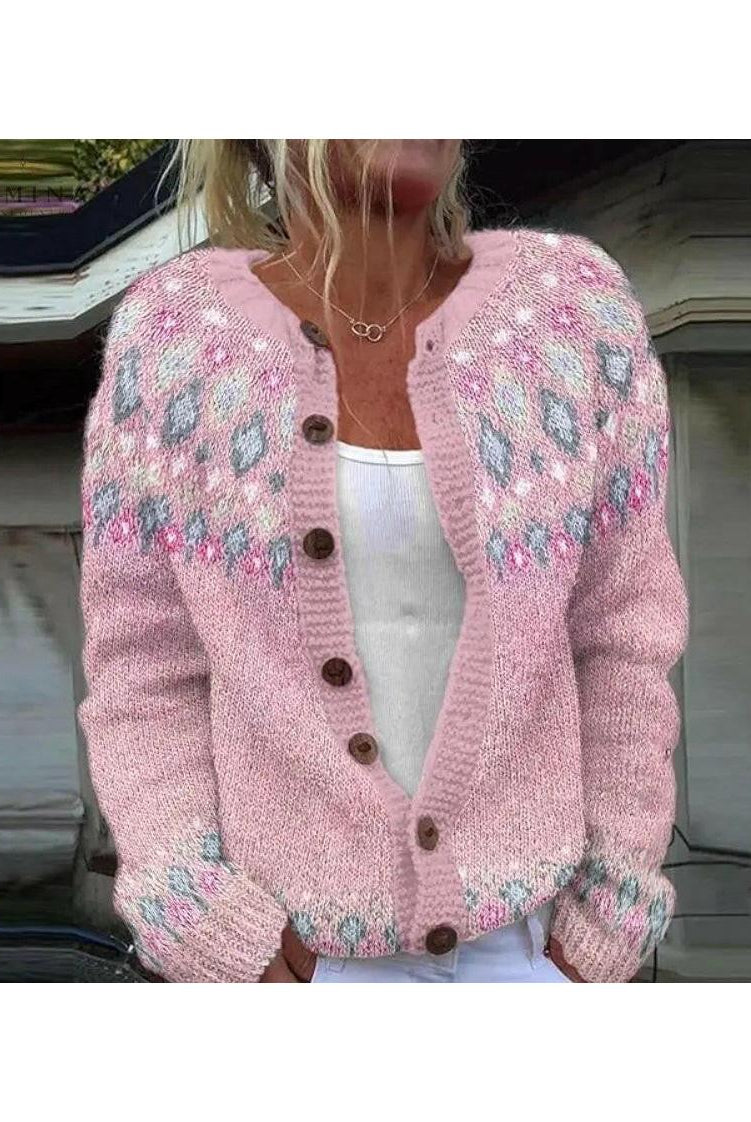 Soft pink ladies cardigan by Lumina Wear, featuring a cozy fit and button details, styled on a model.