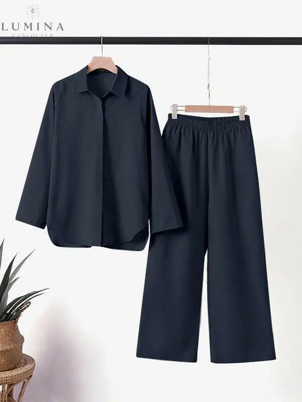 Cream linen loungewear set by Sunnova, spring 2-piece set from Lumina Vancouver, featuring relaxed fit and breathable fabric.