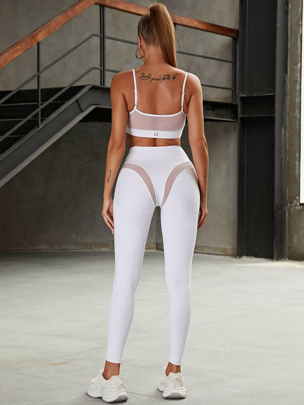 White Lumina Vancouver mesh sports bra with a unique, sexy design perfect for active wear and athletic comfort.