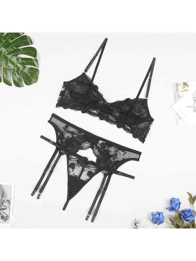 Lumina Vancouver Sutton 3-piece lingerie set includes a bra, panties, and garter belt in delicate lace with floral details.