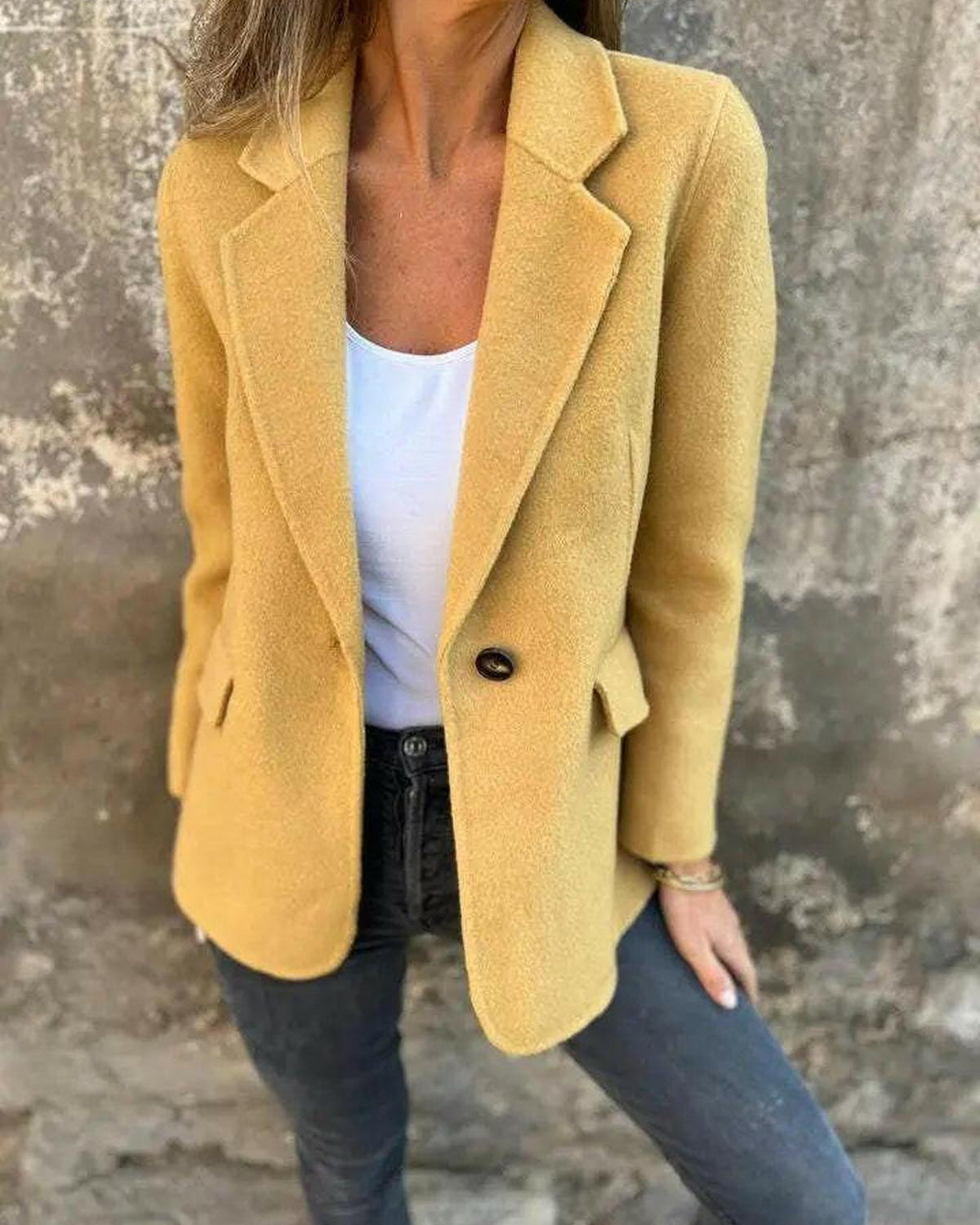 Apricot casual blazer named Suzanne by Lumina Wear, featuring a tailored fit and classic design, displayed on a model.