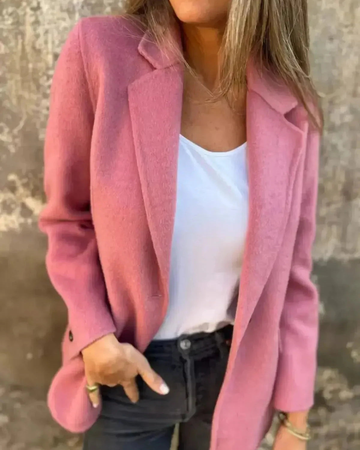 Apricot casual blazer by Lumina Wear, Suzanne style, shown on a model with a tailored fit and classic lapel design.