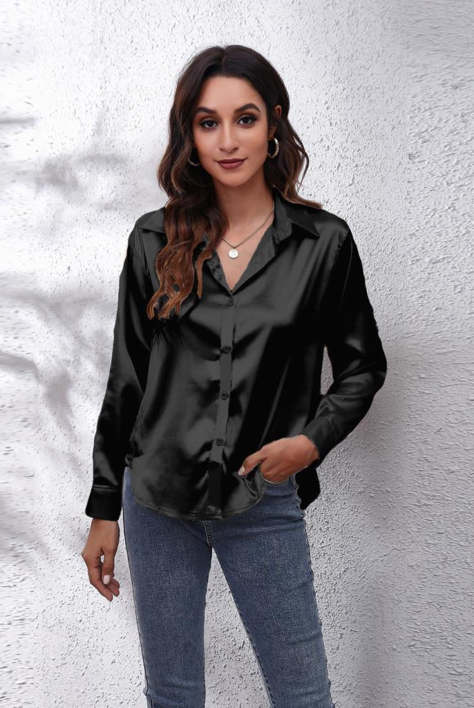 Blue Sydney relaxed fit satin blouse by Lumina Wear, stylish women's blouse with timeless design and elegant fabric.