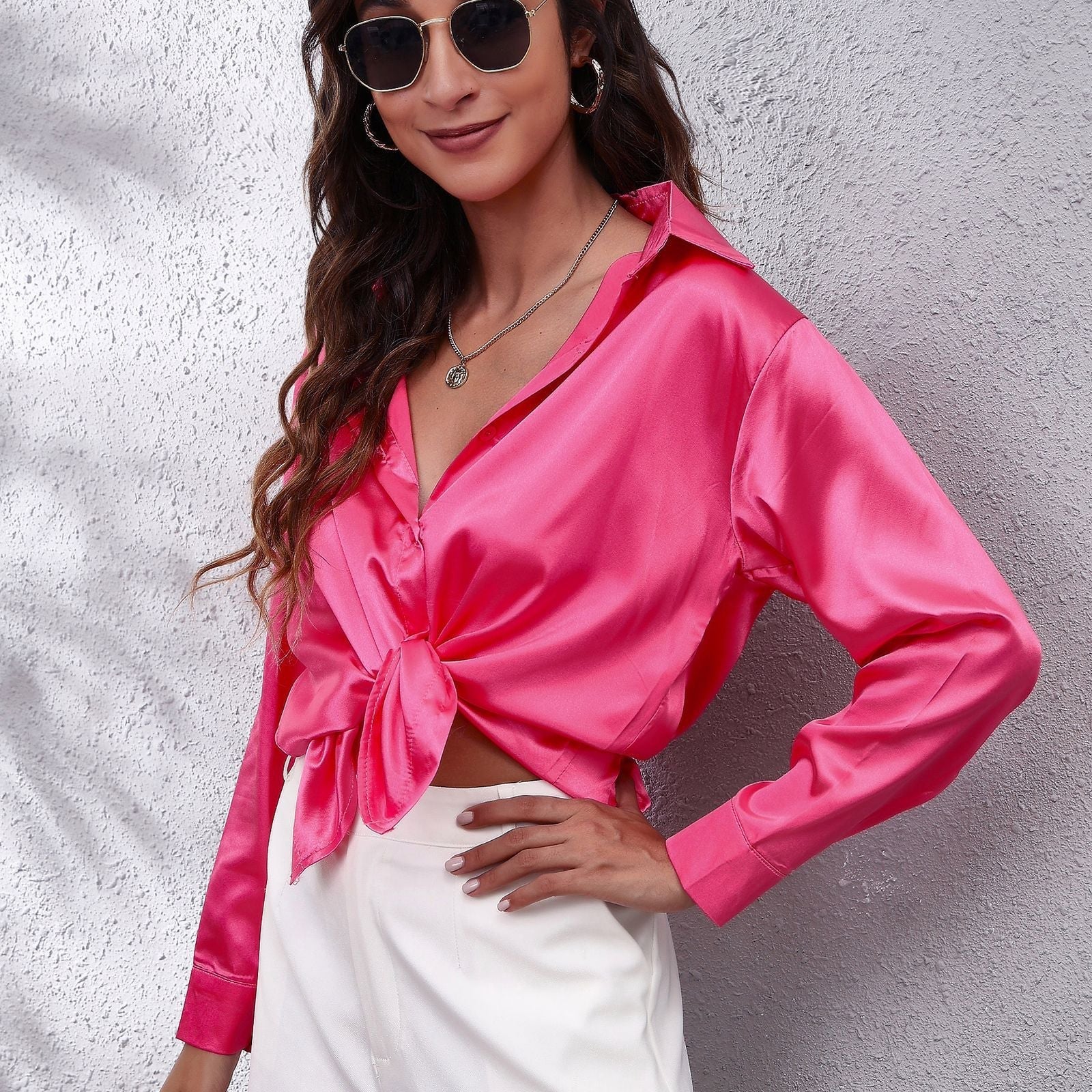 Blue Sydney relaxed fit satin blouse by Lumina Wear, featuring timeless design and stylish women's blouse details.