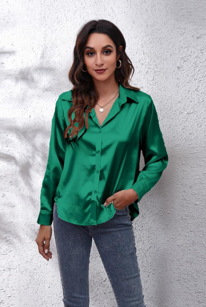 Blue Sydney relaxed fit satin blouse by Lumina Wear, women's blouse with timeless design and elegant style.
