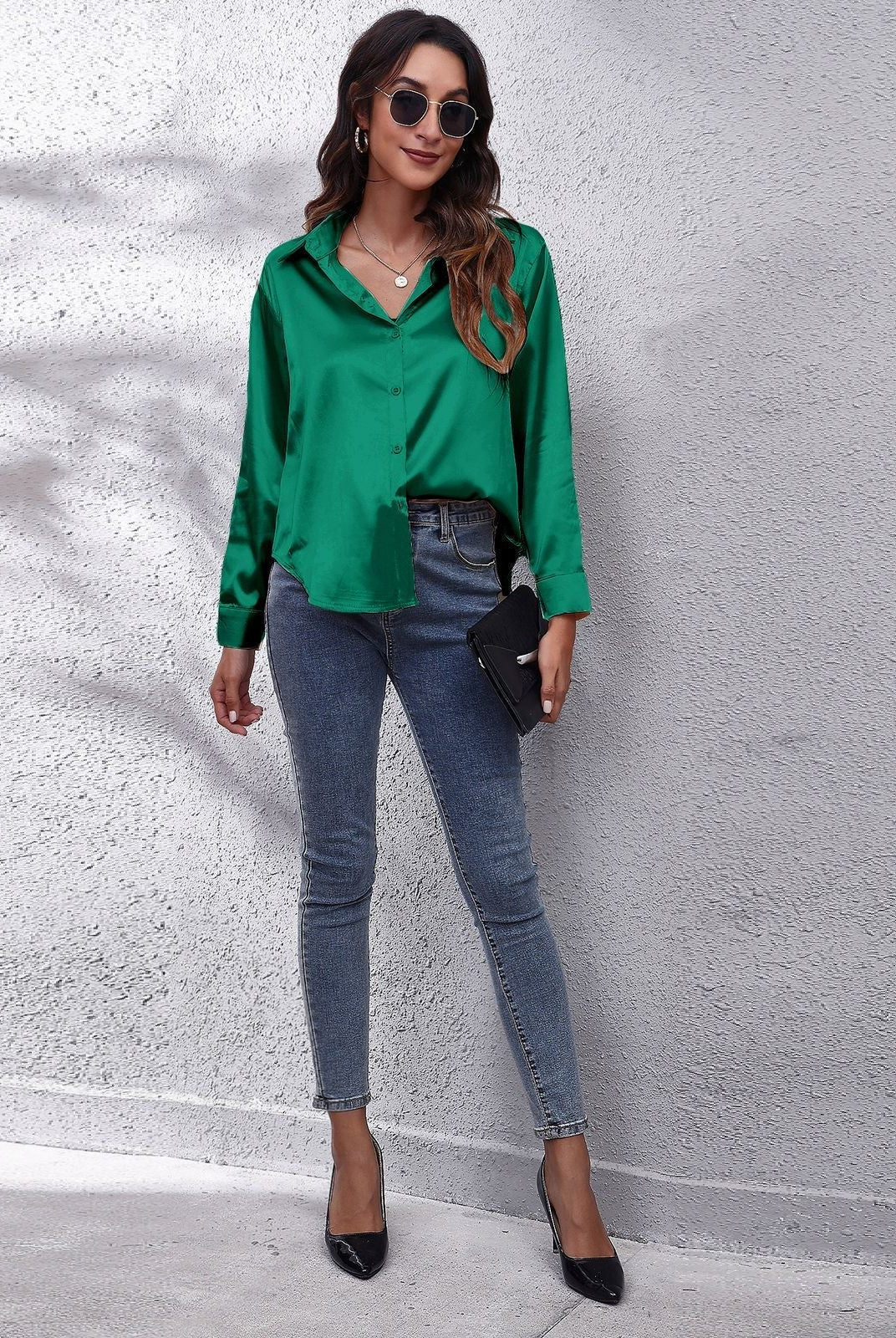 Light blue Lumina Wear Sydney relaxed fit satin blouse for women, showcasing elegant design and soft, smooth fabric.
