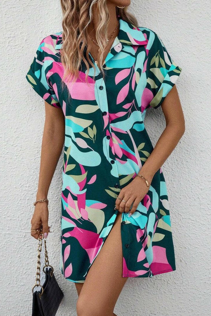 Tiana printed button-down dress by Lumina Wear in rose red, featuring a stylish design and classic fit.