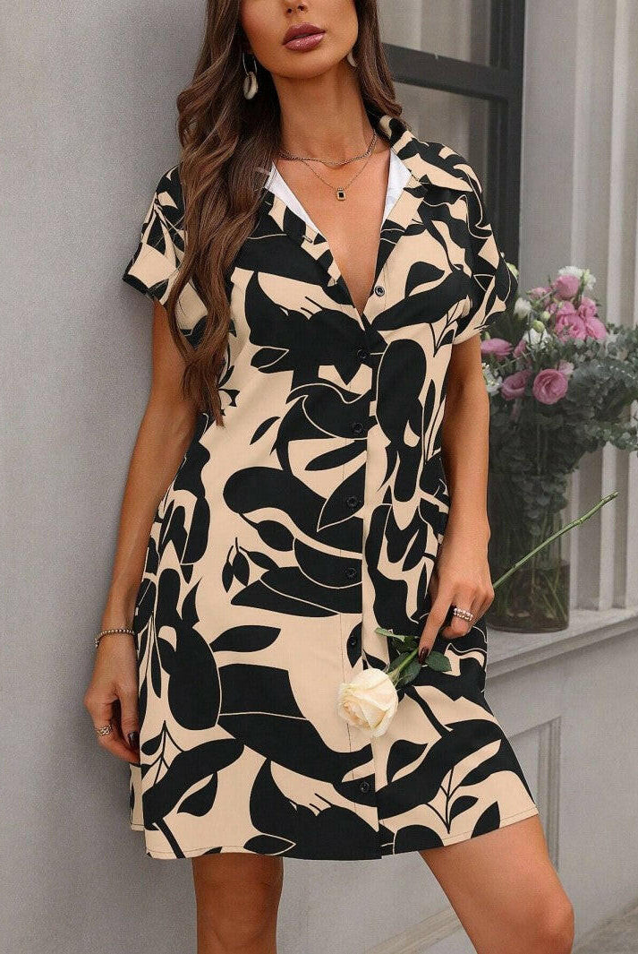 Rose red Tiana printed button-down dress by Lumina Wear, featuring a stylish, lightweight fabric and classic collar design.