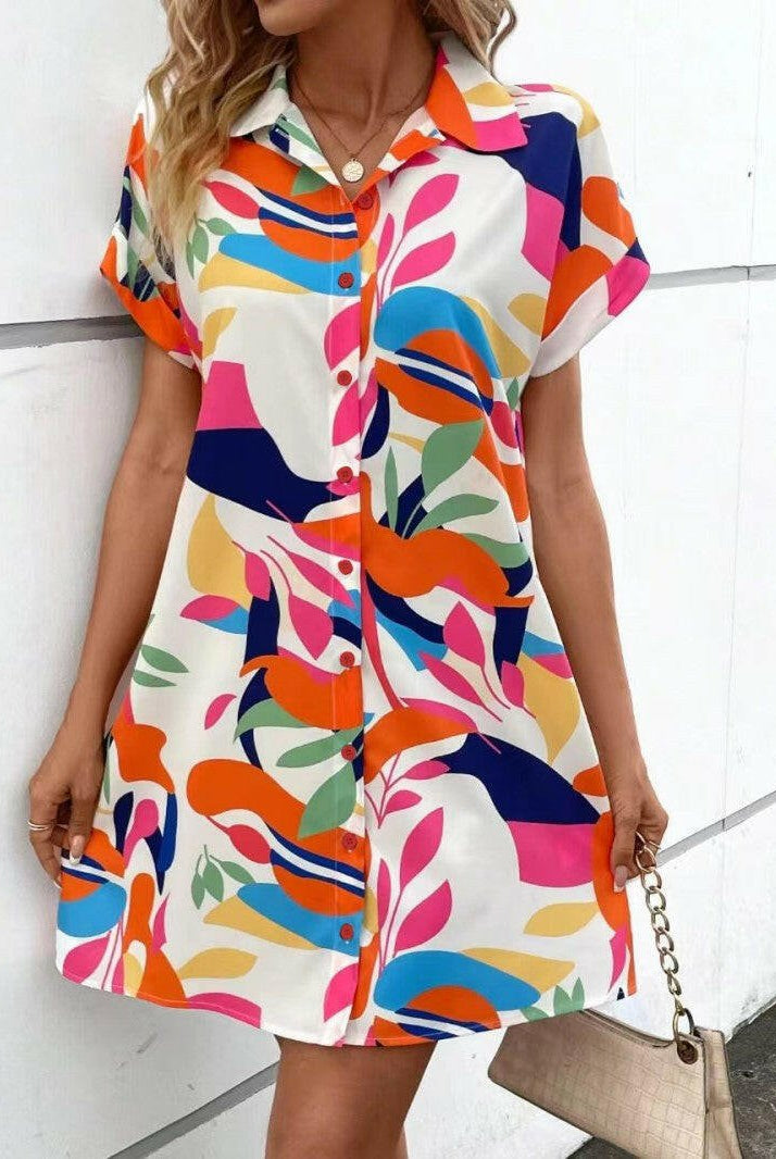 Lumina Wear Tiana printed button-down dress in rose red, stylish women’s dress with floral pattern and classic design.