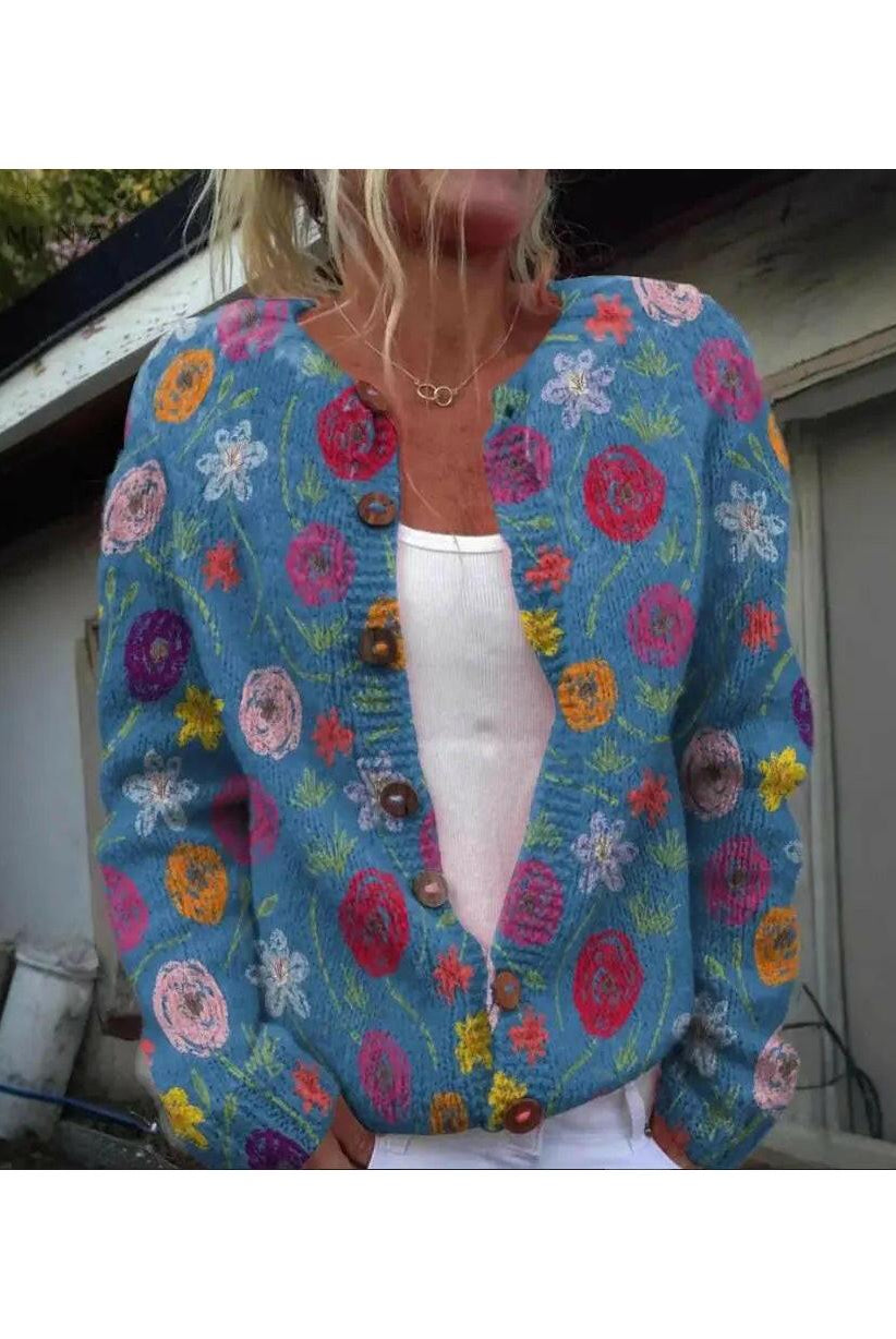 Blue Tilda cardigan with floral print by Lumina Wear, featuring lightweight knit and long sleeves, perfect for casual wear.