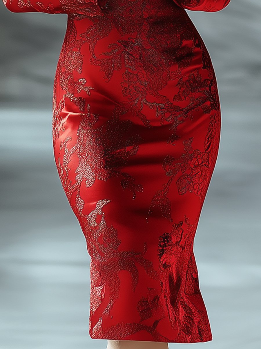 Red printed satin gown from Lumina Wear's Timeless Grace collection, elegant dress with intricate patterns and smooth satin fabric.