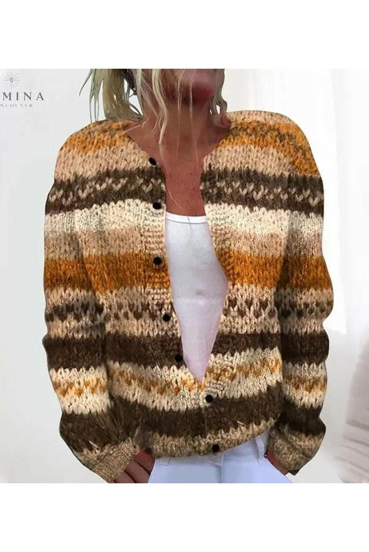 Brown Tova cardigan by Lumina Wear, shown on a model, featuring cozy knit fabric and a relaxed fit in a stylish design.