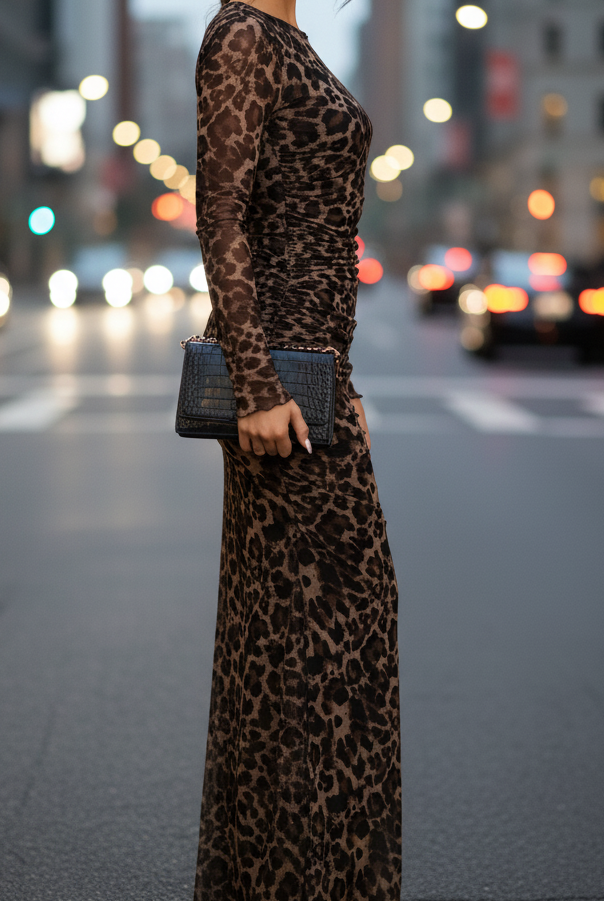Valentina Leopard Print Fitted Maxi Dress by Lumina Vancouver, showing a brown, form-fitting gown with bold animal print.