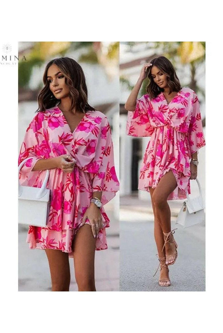 Lumina Vancouver Valeria bohemian floral mini summer dress in orange and pink, size S-8/10, with a flowy, casual style.