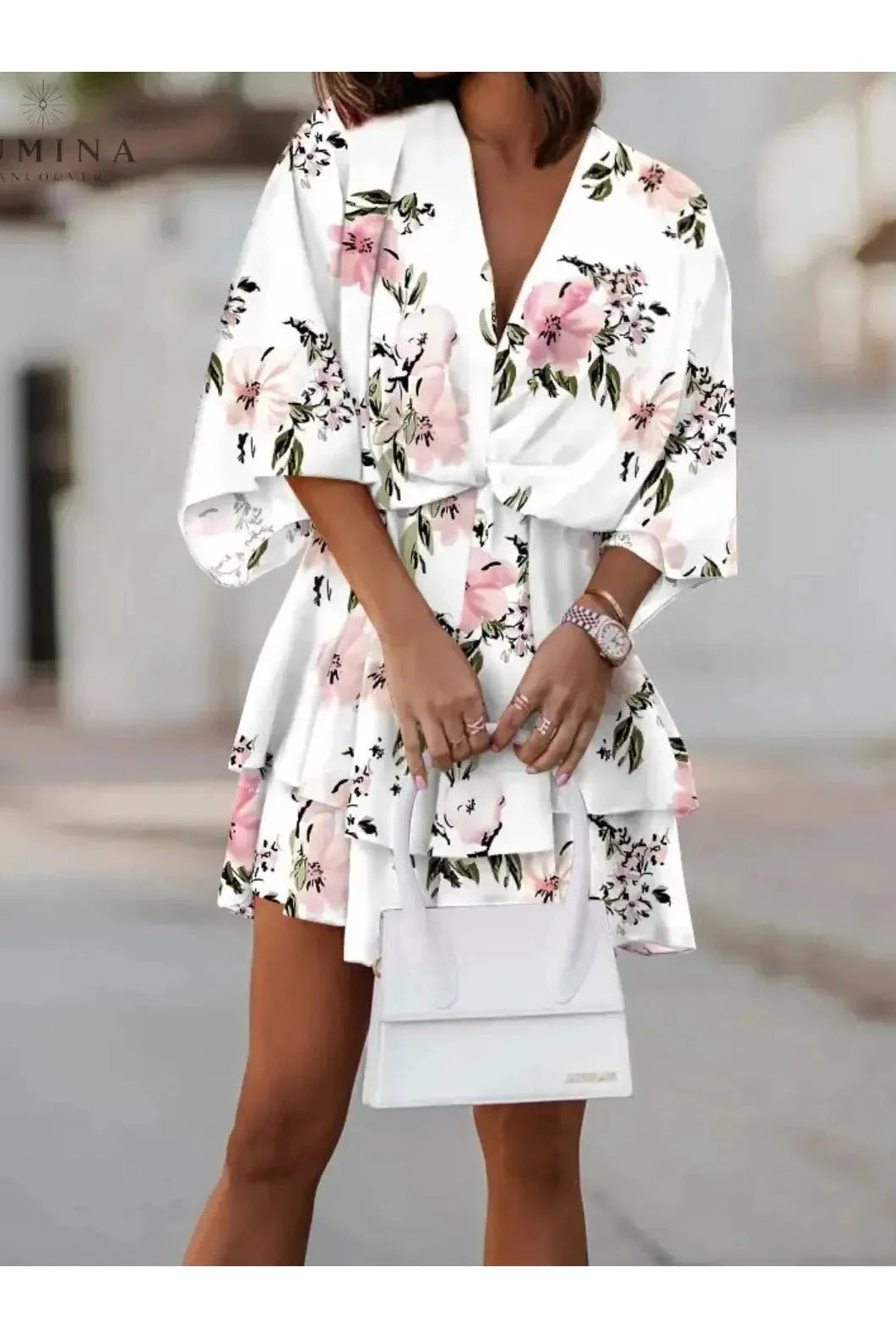 Lumina Vancouver Valeria bohemian floral mini summer dress in orange and pink, size S 8-10, with a flowy, lightweight design.