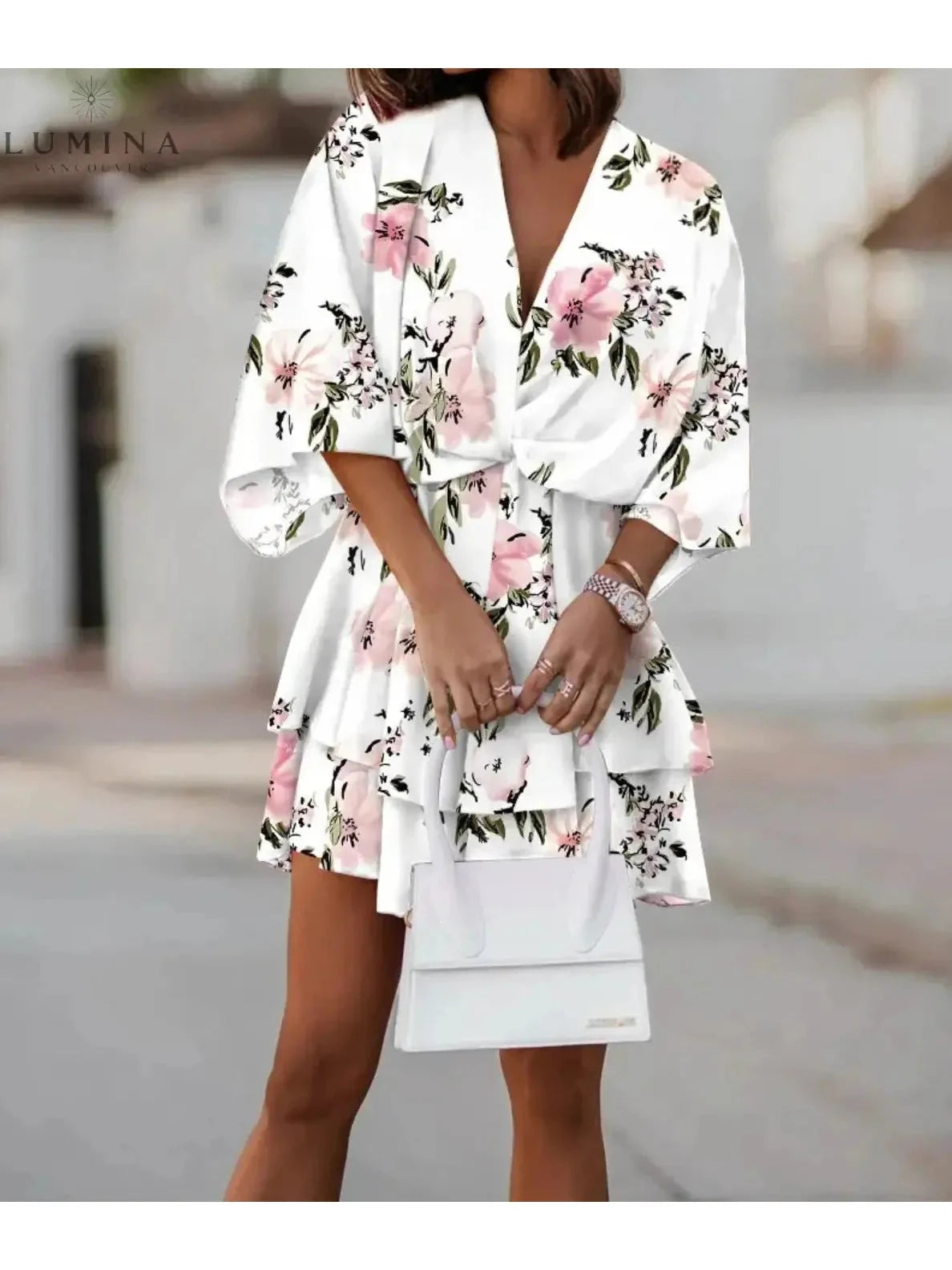 Lumina Vancouver Valeria bohemian floral mini summer dress in orange and pink, size S 8-10, with a flowy, lightweight design.