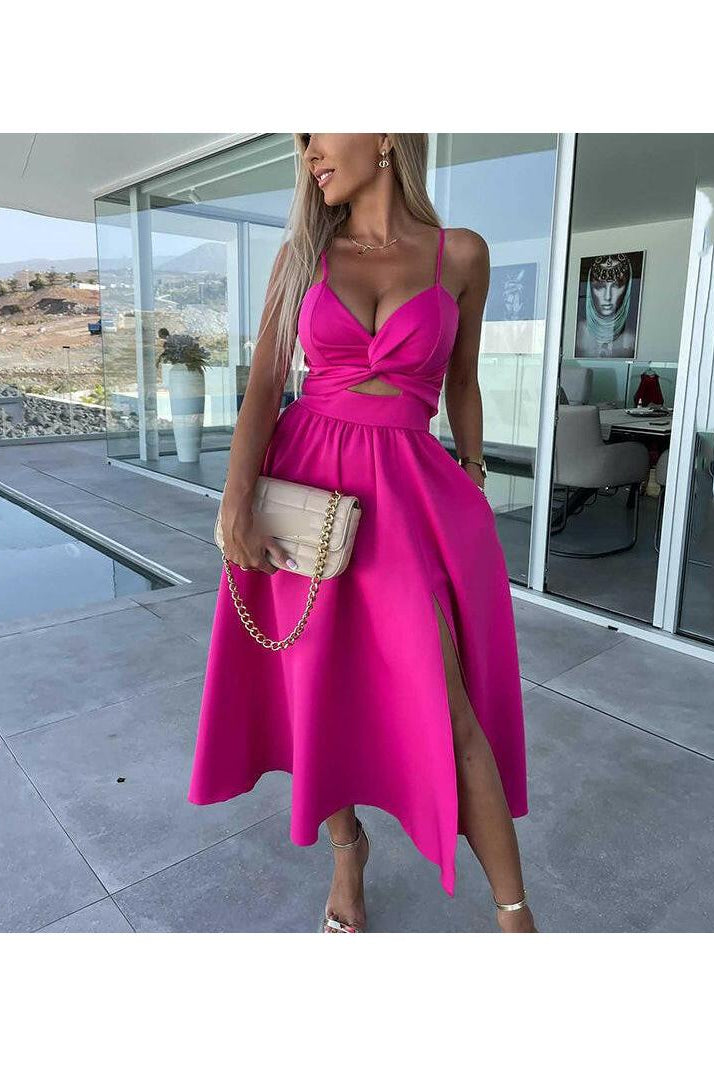 Pink Vanette elegant strappy front slit midi dress by Lumina Vancouver, showcasing a stylish design and flowing fabric.