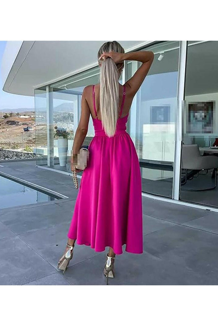 Pink Vanette elegant strappy front slit midi dress by Lumina Vancouver, showing the dress's stylish design and slit detail.