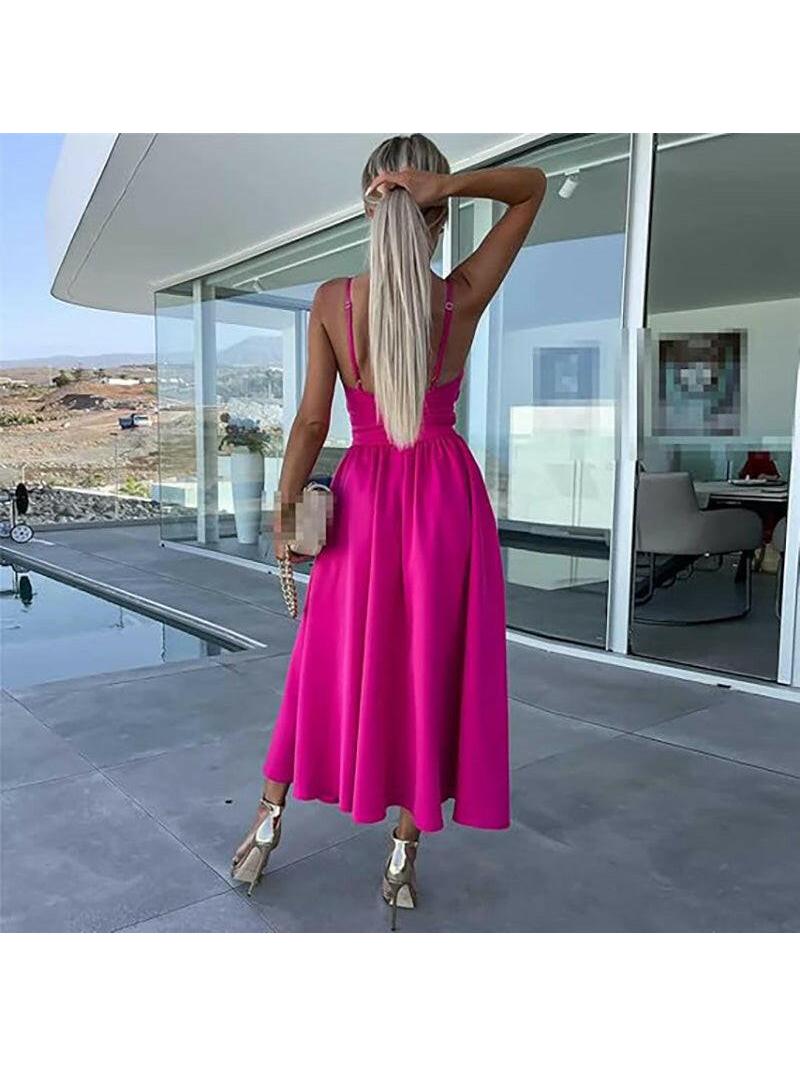 Pink Vanette elegant strappy front slit midi dress by Lumina Vancouver, showing the dress's stylish design and slit detail.