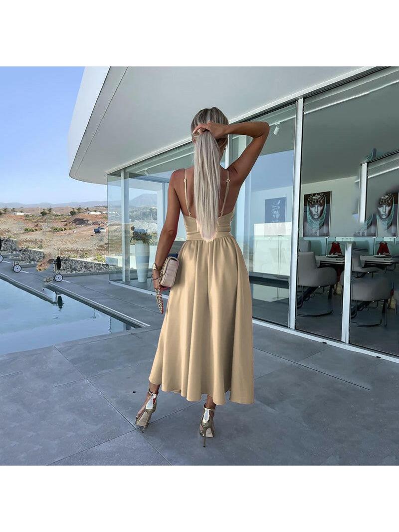 Pink Vanette elegant strappy front slit midi dress by Lumina Vancouver, showcasing a fitted design with a stylish front slit.