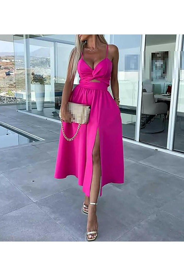 Pink Vanette elegant strappy front slit midi dress by Lumina Vancouver, featuring a stylish design and knee-length silhouette.