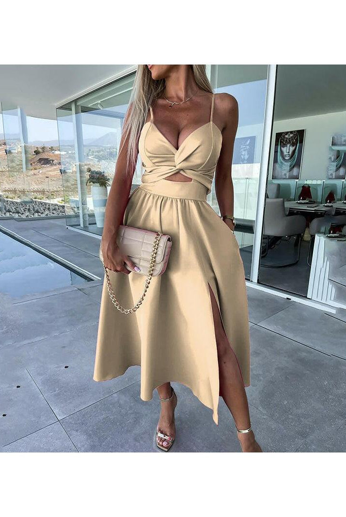 Pink Vanette elegant strappy front slit midi dress by Lumina Vancouver, showcasing a stylish design and feminine silhouette.