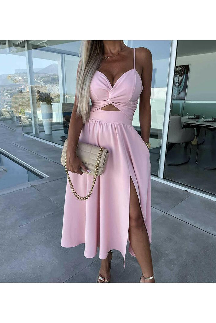 Pink Vanette elegant strappy front slit midi dress by Lumina Vancouver, shown with sleek straps and a flowing midi length.