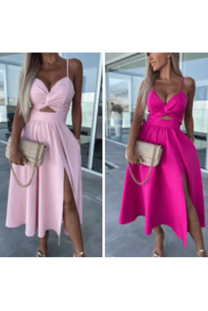 Pink Vanette elegant strappy front slit midi dress by Lumina Vancouver, showcasing a stylish, flowing design with front slit detail.