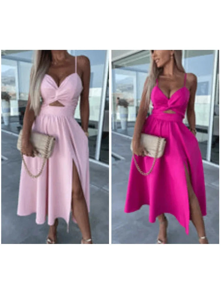 Pink Vanette elegant strappy front slit midi dress by Lumina Vancouver, showcasing a stylish, flowing design with front slit detail.