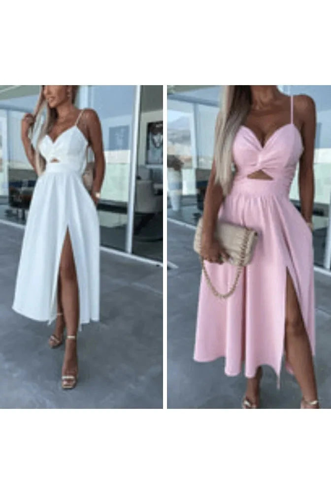 Pink Vanette elegant strappy front slit midi dress by Lumina Vancouver, showcasing a stylish design with a fitted silhouette.